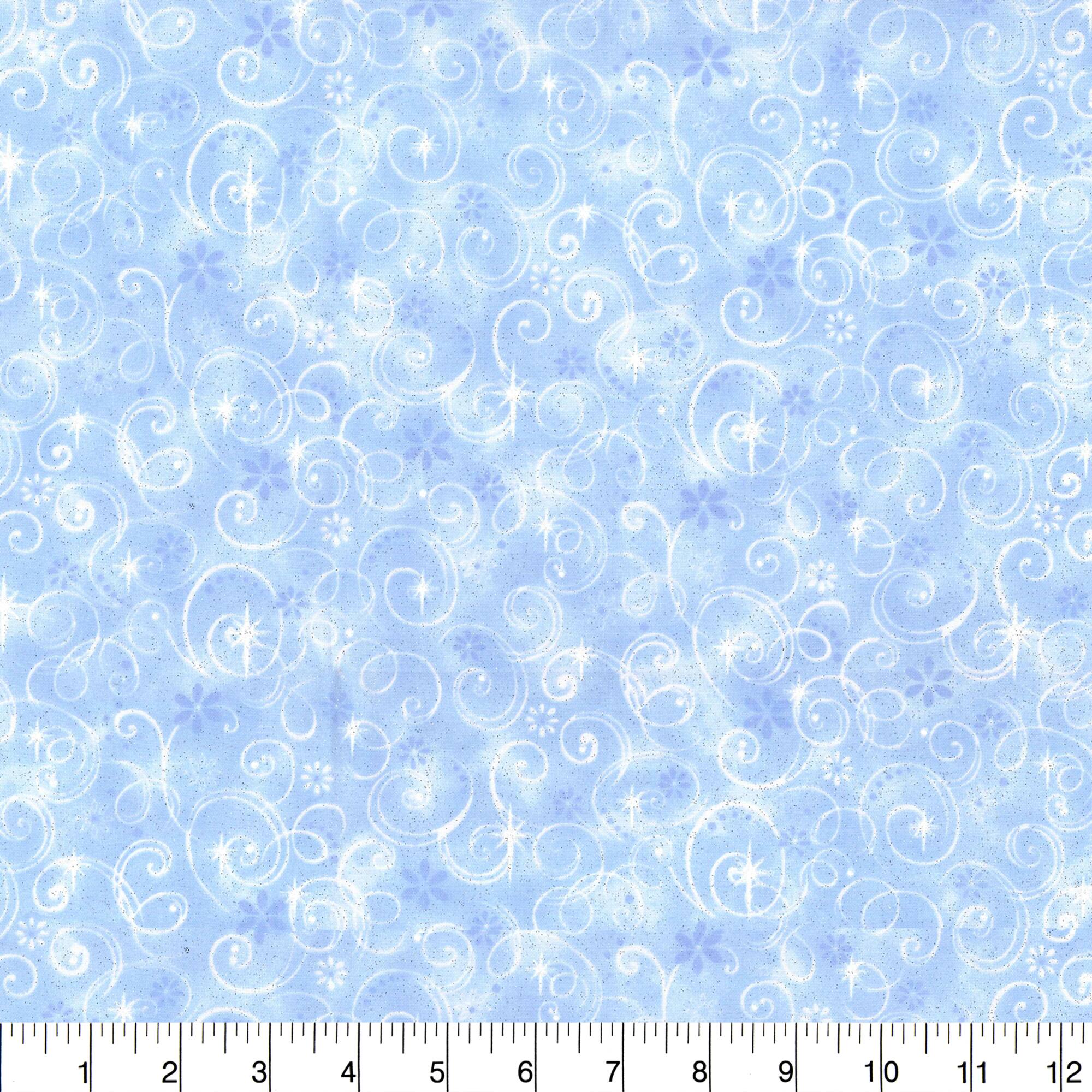 Fabric Traditions Swirls on Light Blue Glitter Cotton Fabric